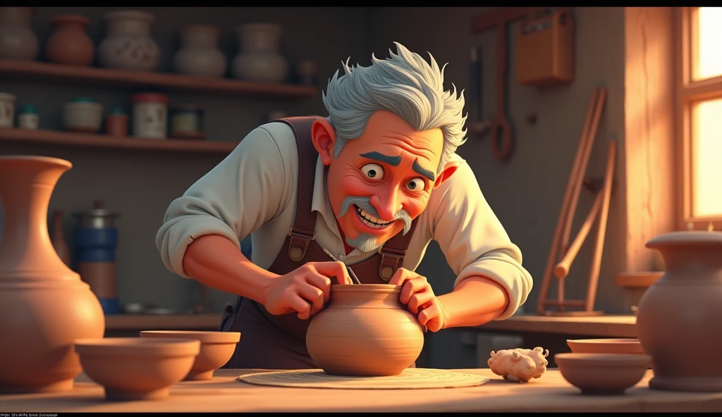 Ramu sitting in his workshop, paying attention to the pot-making technique. He is checking the temperature of the pot and the correct proportion of ingredients, making notes on paper or doing new experiments.cinematic cartoon steal