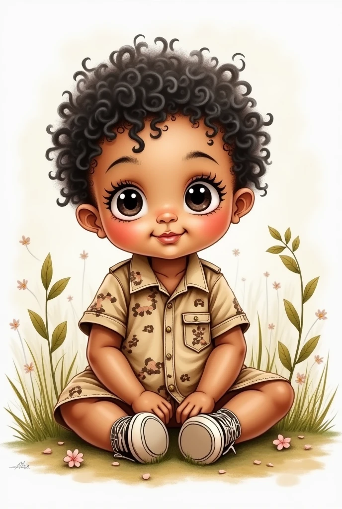 Drawing of a sitting baby with short black curly hair, black eyes, brunette wearing a Safari themed dress, sitting with sneakers on her feet.