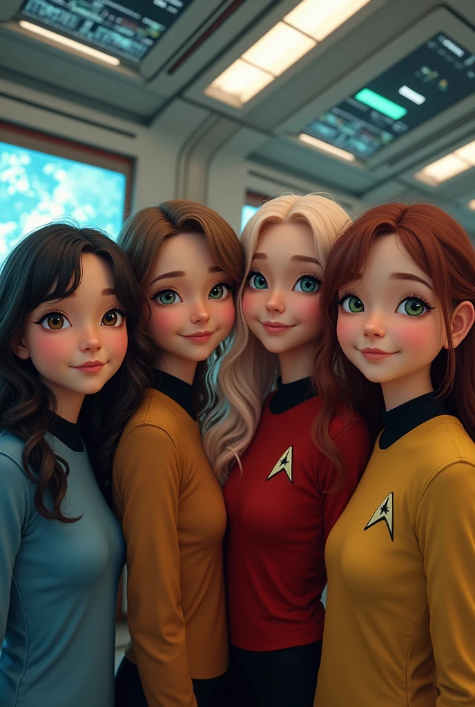 High Detail, Ultra Detail, 8K, Ultra High Resolution there are four cute and innocent girls, black hair, blonde hair, brown hair, red hair, green eyes, brown eyes, black eyes, say hello to first officer Leonard Nimoi (Spook in the star trek tv series) inside a spaceship, adding to the playful atmosphere, (masterpiece), the best quality, expressive eyes, perfect face, Star Trek style.
(masterpiece), excellent quality, expressive eyes, perfect face