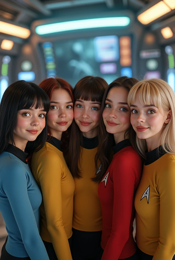 High Detail, Ultra Detail, 8K, Ultra High Resolution there are four cute and innocent girls, black hair, blonde hair, brown hair, red hair, green eyes, brown eyes, black eyes, say hello to first officer Leonard Nimoi (Spook in the star trek tv series) inside a spaceship, adding to the playful atmosphere, (masterpiece), the best quality, expressive eyes, perfect face, Star Trek style.
(masterpiece), excellent quality, expressive eyes, perfect face