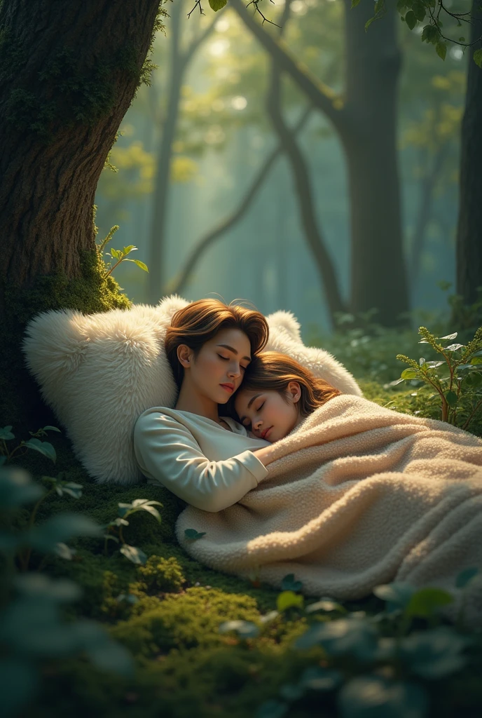 A couple sleeping on a mattress with a couple of warm blankets and a couple of pillows in the forest