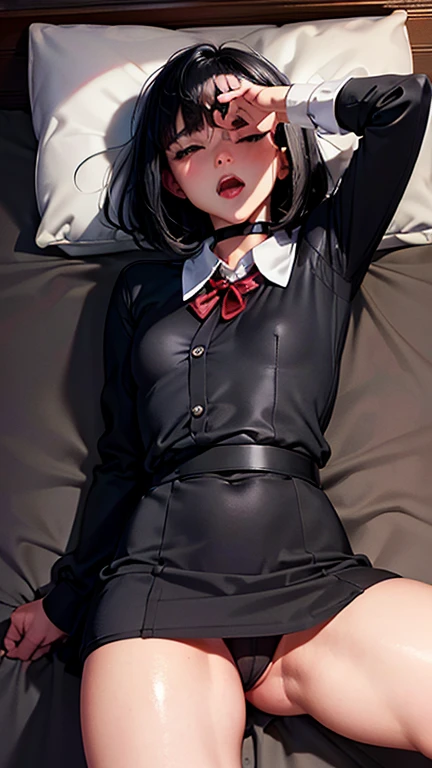 Orgasm Face、((Place the vibrator against your crotch.))、One Woman, alone, alone Focus, Portraiture,, Beaver,((Black Hair)), Short Bob、 Very beautiful eyes, High School Uniform, (Small TI quality, Very detailed、Bedroom、Lying in bed