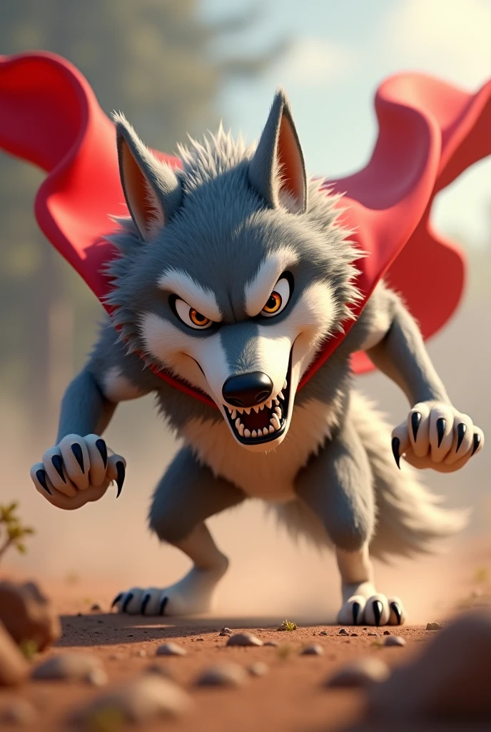 A 3D pixar-style highly stylized, cute anthropomorphic wolf with a slightly angry expression, blowing air forcefully from its mouth with great effort. The wolf's body is bent forward in an exaggerated pose, emphasizing its determination and strength. It wears a flowing red cape that billows dramatically in the wind, adding to the dynamic action. The wolf's fur is thick and textured, with shades of grey and white, giving it a realistic yet cartoonish look. Its long, sharp claws are extended, gripping the ground as it braces itself to blow. The wolf's legs are slightly bent, showing tension and energy. The eyes are narrowed, focusing intently on its target. The overall scene is vibrant and dynamic, capturing the moment of intense action in a 3D animated style suitable for children's storybook.