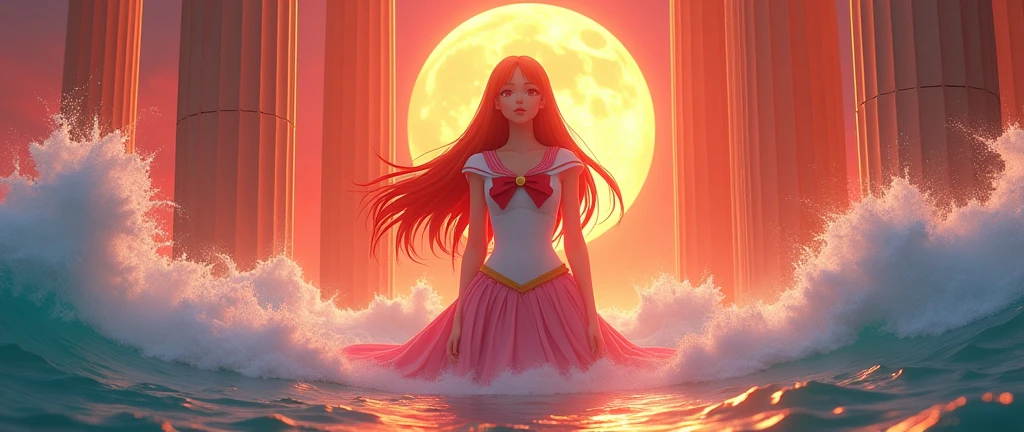 Sailor Venus Big and bright eyes super beautiful., ((high quality)), ((masterpiece)), ((realist)), (Details), reflective luminous white: 1.5, Bright orange texture: 1.3, 1 adhesive monkey (camel toe) beautiful young woman with, a sexy photo, From top to bottom, bright neon, and Mandala, cinematographic, sharp, ray tracing, happiness, lightness, ocean, big waves, Waves with foam, sea goddess, Very long hair melted in water, transparent coat, Red Clouds Sunset, huge full moon, luminescent, Greek columns, ancient temple on water, dynamic movement,