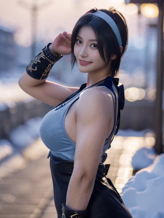 20 year old Japanese beauty，One woman、Muscular body like a bodybuilder、Emphasize the breasts、He wears a headband on his head、Slit eyes、A head-to-toe view，Bust is very very large、The background is a snowy country、High quality photos、Clear, crisp images of the lower body、Masterpiece 8k、Smiling、Throwing a shuriken with the right hand、From the front, from the side, from the back, etc.々from what camera angle to shoot、Light blue ninja costume