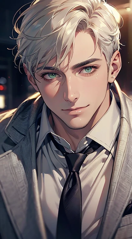 (Highest quality,4K,8K,High resolution,masterpiece:1.2),Super detailed,(Realistic,photoRealistic,photo-Realistic:1.37),1 personld,Mature Men,Beautiful skin、very handsome,Expressionless smile in love,Short white hair,green eyes,Sharp Eyes,A perfect face without a doubt,Businessman, CEO, Office Background,Cinema Lighting,HDR image,tie、