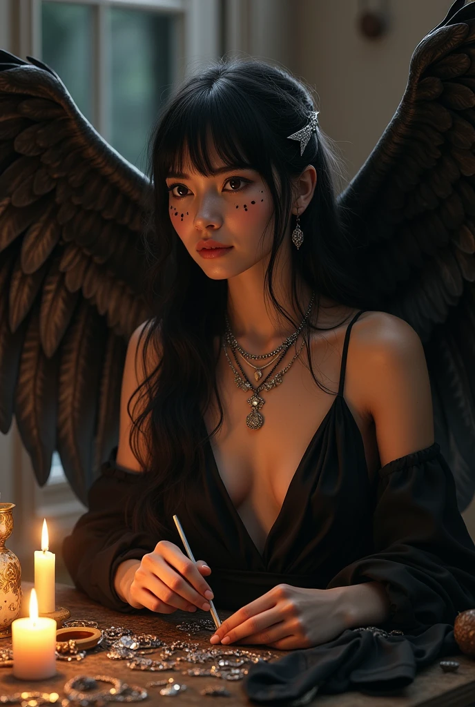 Height: 6'0 foot tall Gender: Female Appearance: Her hair reaches down her waist, jet black hair, straight hair, straight bangs with silver draping down her bangs. Skinny round face, siren eyes, long eyelashes, heart shaped lips, her bottom left cheeks had a beauty mark, her right eyelid had a beauty mark, soft angle medium arch eyebrows, black eyes. Sand skin color. Button nose. Demihuman: Half owl and half human, owls typically had amazing eyesight and hunting experience especially in the night with their incredible grip and silent wings. Black mix with a tiny mix of brown wings, soft but surely sharp, huge and massive.
Facing side way, crafting jewelry with her own hands, her wings towering around her back. Doesn't wear native clothing. She wore a silver jewellery around her neck, her dress dripping in black, slight gothic and Greek related style. She is not very skinny, average weight. Covered shoulders. Sitting in a dimly lit candle room, covered in jewellery of her makeshift. The environment enriched and relaxed. European features.