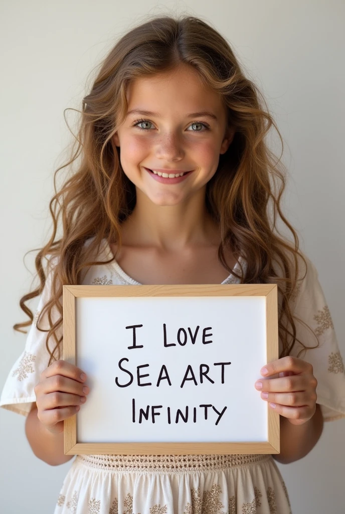 Beautiful girl with wavy long hair, bohemian dress, holding a white board with text "I Love Seaart Infinity" and showing it to the viewer