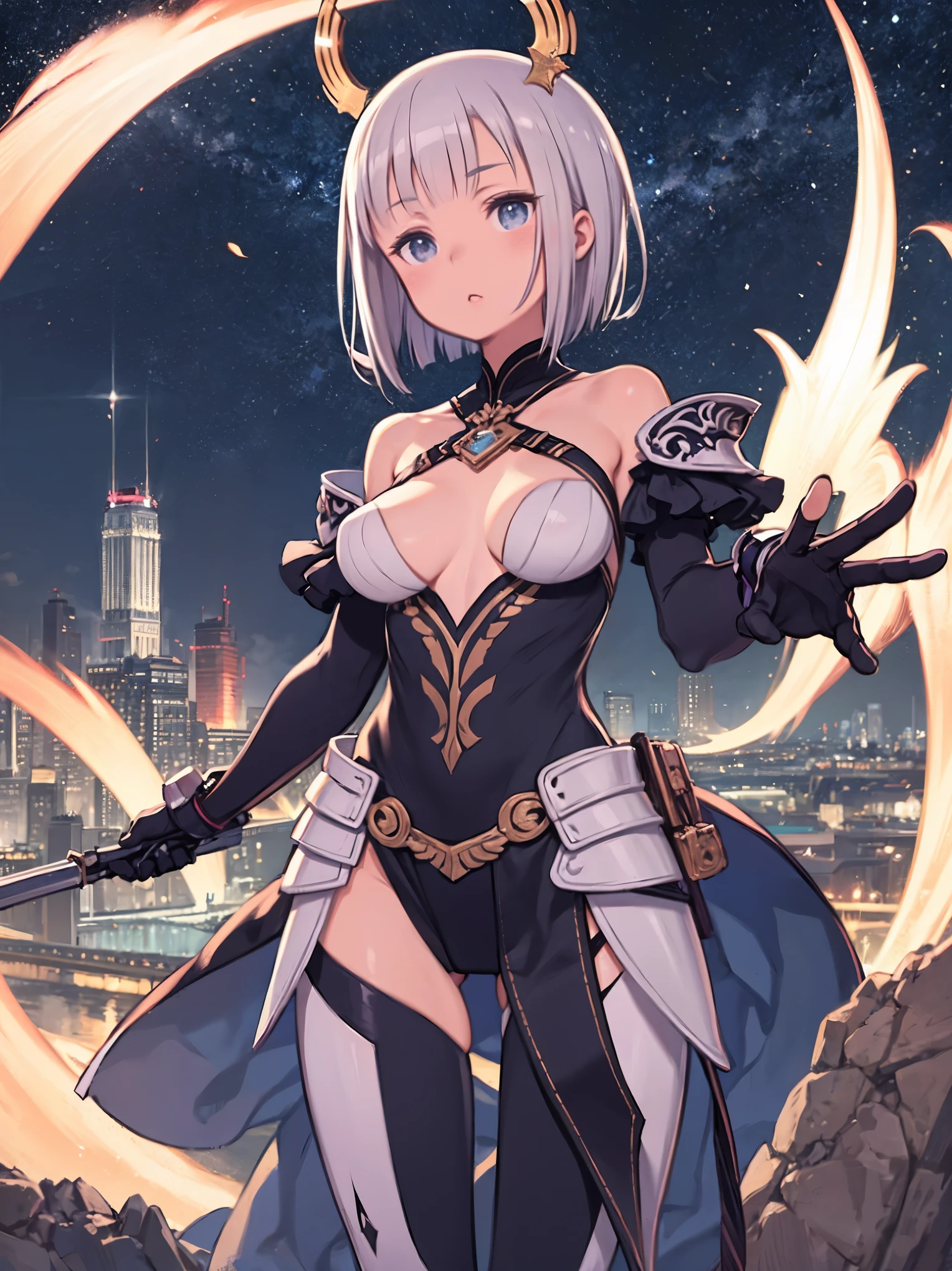 fantasy, 1girl,young_, ,silver_hair, short_hair, long_bangs, bare_shoulder,thighhighs,silver_armor, waist_armor, large_breasts,half_eyes,floating, bare_crotch, headgear,gauntlet, greaves,city_background,slightly_spread_legs, solo, groin_naked,hair_over_one_eye,Starry_sky_landscape,
