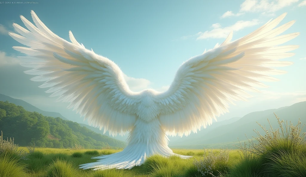 Long white folded angel wings lot of feathers ultra realistic in landscape