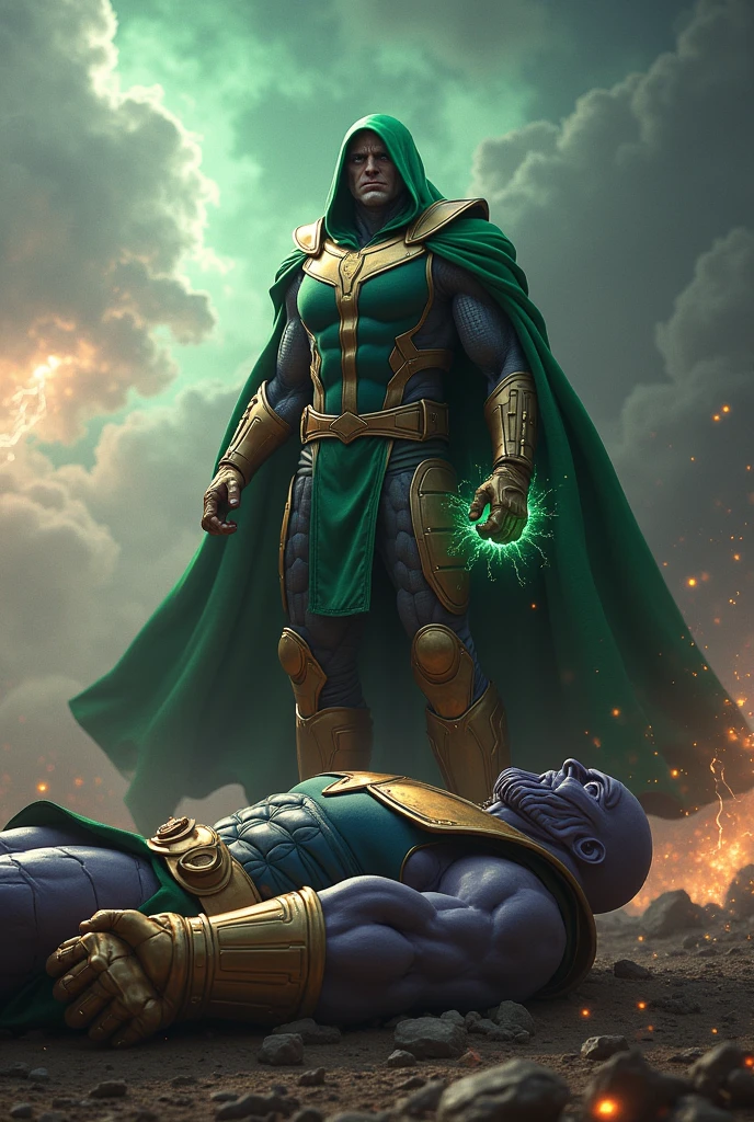 Create a dramatic and intense 4K resolution image depicting the moment Doctor Doom kills Thanos. Doctor Doom, in his full armor and green cloak, stands victorious, his hand crackling with dark energy or an advanced weapon pointed at Thanos, who is collapsing to the ground in defeat. Thanos, in his iconic armor, shows signs of a brutal struggle, with his powerful gauntlet falling from his grasp. The background is a chaotic battlefield or a dark, cosmic landscape, with swirling clouds, lightning, and debris flying, emphasizing the gravity of the moment. The lighting should be moody, casting long shadows, and highlighting the ominous atmosphere as Doom looks down on the fallen Titan, his expression cold and triumphant."