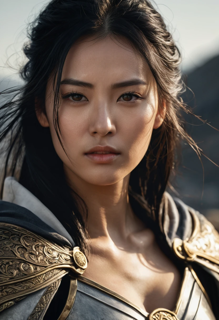 genius extremely beautiful young lady Keiko, middle hair, black hair, subtle makeup, golden hour, photorealistic, high contrast, 8k HD, detailed, hyper-detailed, realistic skin texture, big breast, best quality, ultra high res, raw photo, dramatic lighting, unreal engine, diffuse glow intricate silver eaba, white imperial cape, spear, sword, no helm, intricate details High Quality, 8k, Realistic, Ultra-Detailed, Dramatic Lighting, Soft Focus, Digital Illustration, Intense Expression, Strong Gaze, Intense Emotion, Complex Mechanics, Advanced Technology, Dark Background, Cinematic, High Contrast, Moody, Strict, Atmosphere, (Best Quality, 4k, 8k, High Definition, Masterpiece: 1. 2 ), ultra-detailed, (realistic, graphic, photorealistic:1.37) --no glass