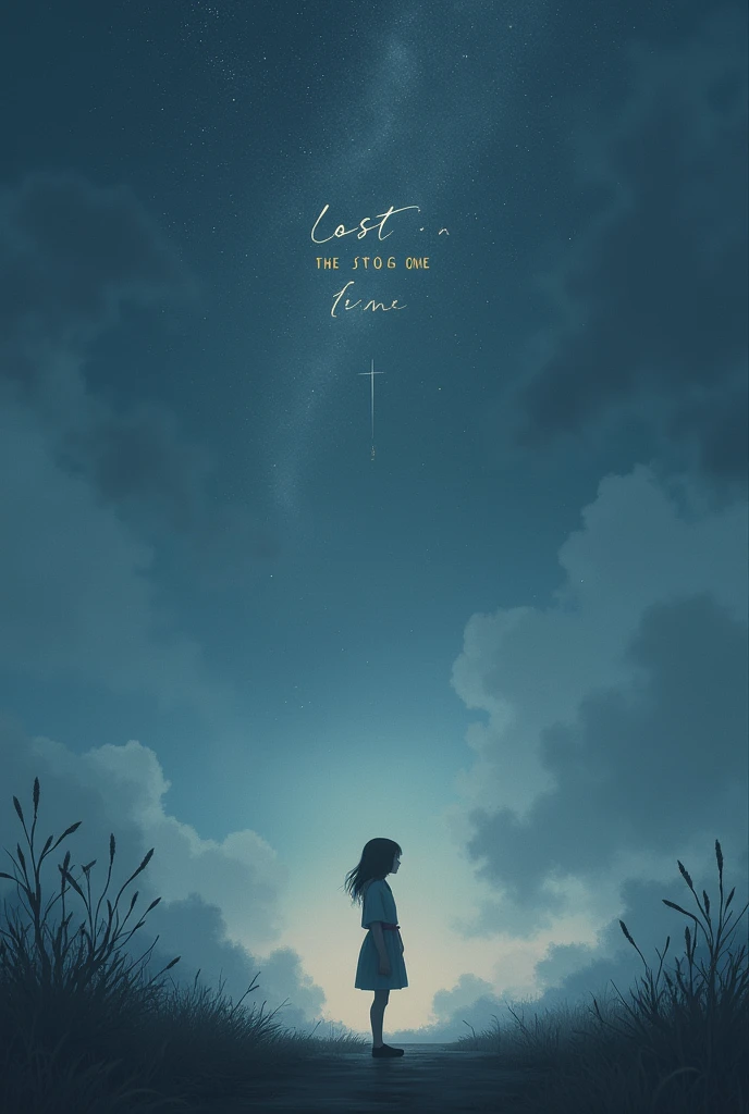 Create an image of a girl standing alone in a misty, twilight landscape. She should appear lost in thought, surrounded by soft, ethereal light. The sky is filled with fading stars and swirling fog, giving a sense of melancholy and longing. In the background, shadows dance and fade away, with distant echoes of memories in shades of grey. The overall atmosphere should evoke a sense of being 'lost in time,' with a blend of hope and despair. Include the text 'Lost in the Echoes' in the image, using a subtle, elegant font that blends with the mood of the scene.