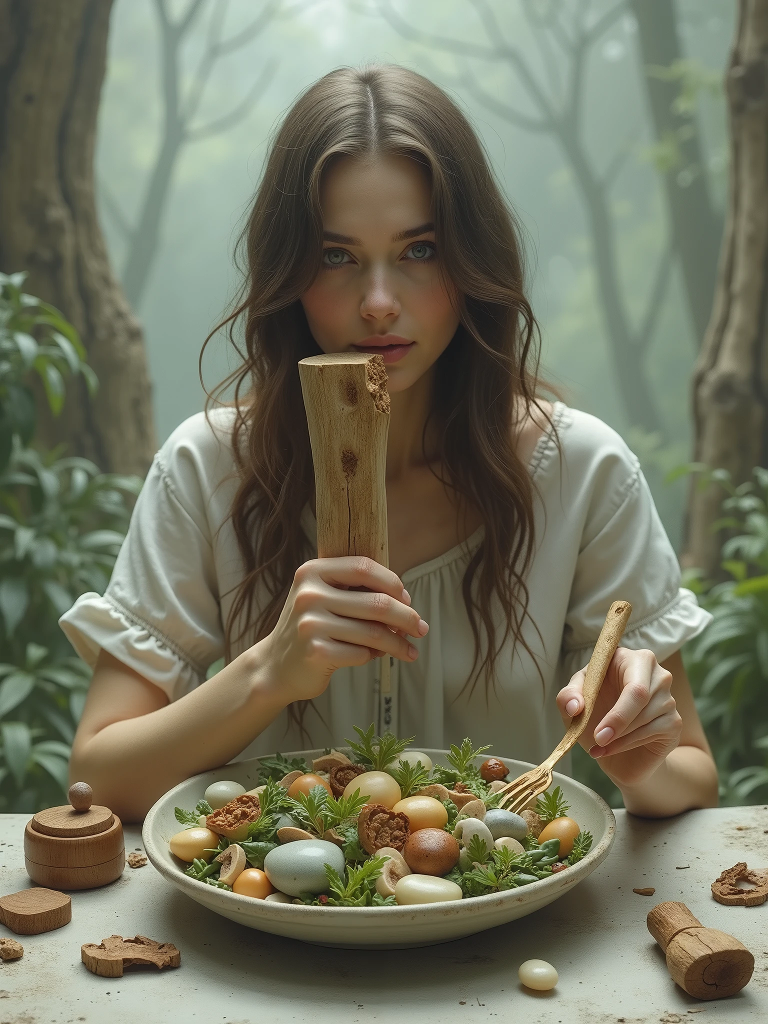 a salad of stones and wood, Woman eating
