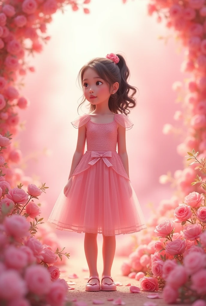 Real girl with half ponytail, pink princess dress with shoes, standing in pink with flowers, pink princess background with flowers