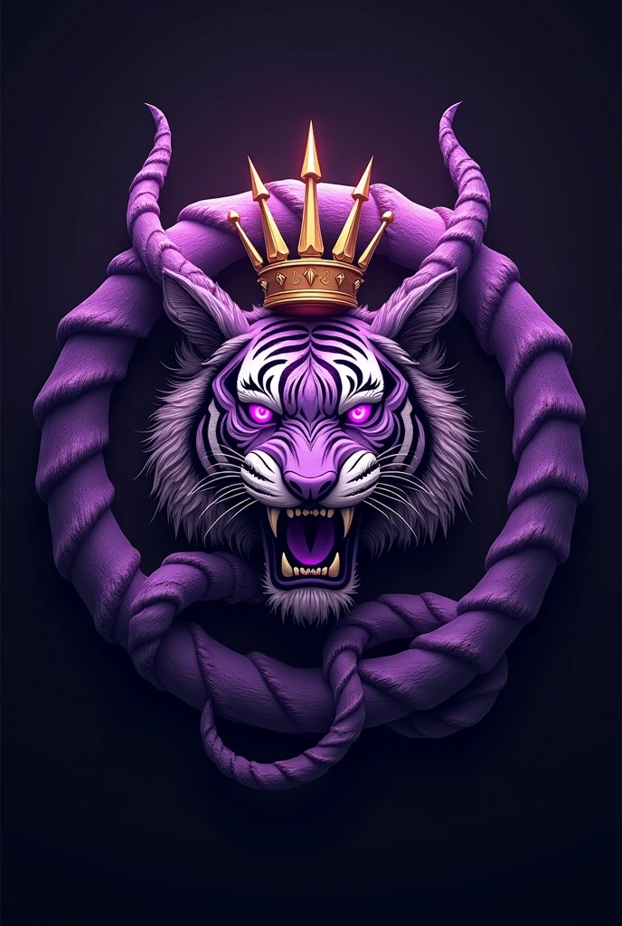 Make a circle logo, where it contains horns and a devil's tail in purple, a golden crown above, and the circle tooth a tiger with purple eyes and chaos