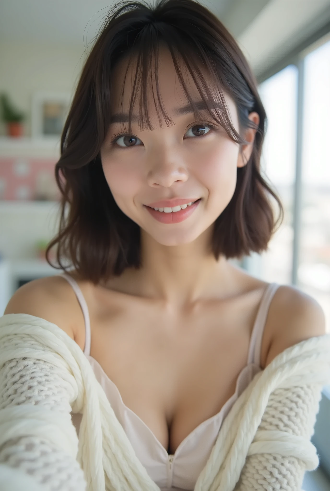 Beatiful japanese naked girl with big tits, trimmed public hair, medium hair, brown eyes, neat and clean, in the adult woman's room with white furniture, selfie