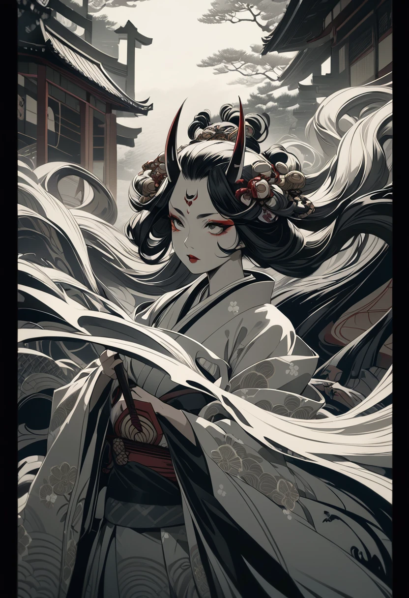A demonic japanese oni princess, beautiful detailed eyes, beautiful detailed lips, extremely detailed eyes and face, long eyelashes, intricate japanese hair ornaments, flowing robes, dark shadows, moody lighting, muted color palette, ukiyo-e style, japanese edo period art, dramatic chiaroscuro, dynamic composition, cinematic perspective, masterpiece, 8k, photorealistic, hyperdetailed