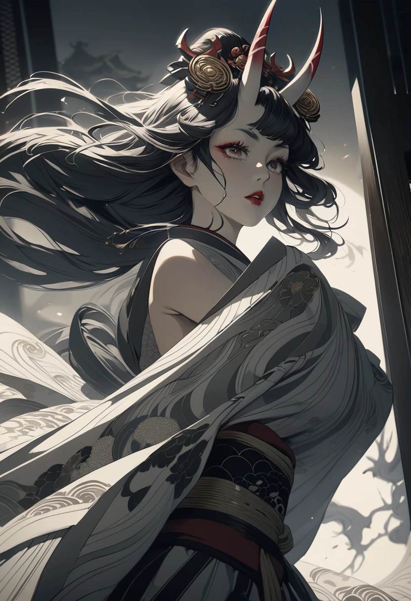 A demonic japanese oni princess, beautiful detailed eyes, beautiful detailed lips, extremely detailed eyes and face, long eyelashes, intricate japanese hair ornaments, flowing robes, dark shadows, moody lighting, muted color palette, ukiyo-e style, japanese edo period art, dramatic chiaroscuro, dynamic composition, cinematic perspective, masterpiece, 8k, photorealistic, hyperdetailed