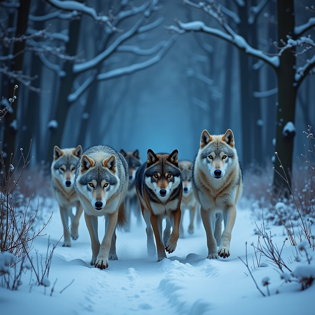 A five-panel canvas print of a pack of wolves walking through a snowy forest. The wolves are in the center of the image, and they are surrounded by snow-covered trees. The background is a dark blue night sky. The wolves are all different colors, from light gray to dark brown. They are all walking in the same direction, and they look like they are on the hunt. The image is very realistic, and it captures the beauty and power of these amazing animals.