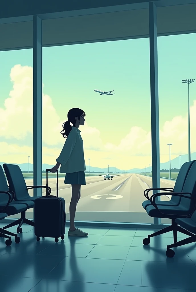 Create a cover image where a girl with log gage is waiting from backside and looking thinking and waiting at airport waiting room and one plane is flying in air showing runway. This image is for the book cover. Make it artistic