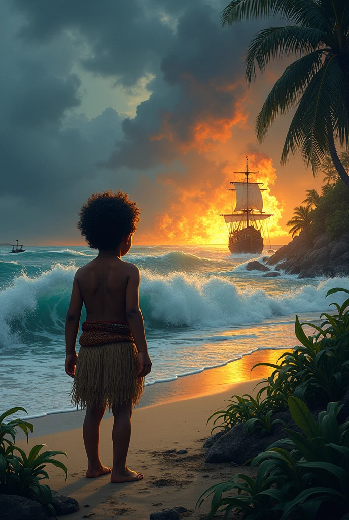 Recreate the painting scene, The girl and the Santa Maria arriving in America, do it as if an indigenous child with indigenous clothes, I was watching from the beach when the boats came in, There is a lot of jungle around and it is raining and there is a storm in the sea with big waves and in the distance you can see the ships from which the Spaniards are descending., On the beach, make a shadow of a square cross that represents the Catholic religion and in front of the child on the same beach, Make the silhouette of an indigenous person kneeling in great emotional pain being enslaved by a Spaniard. Put last by background fire that represents destruction.