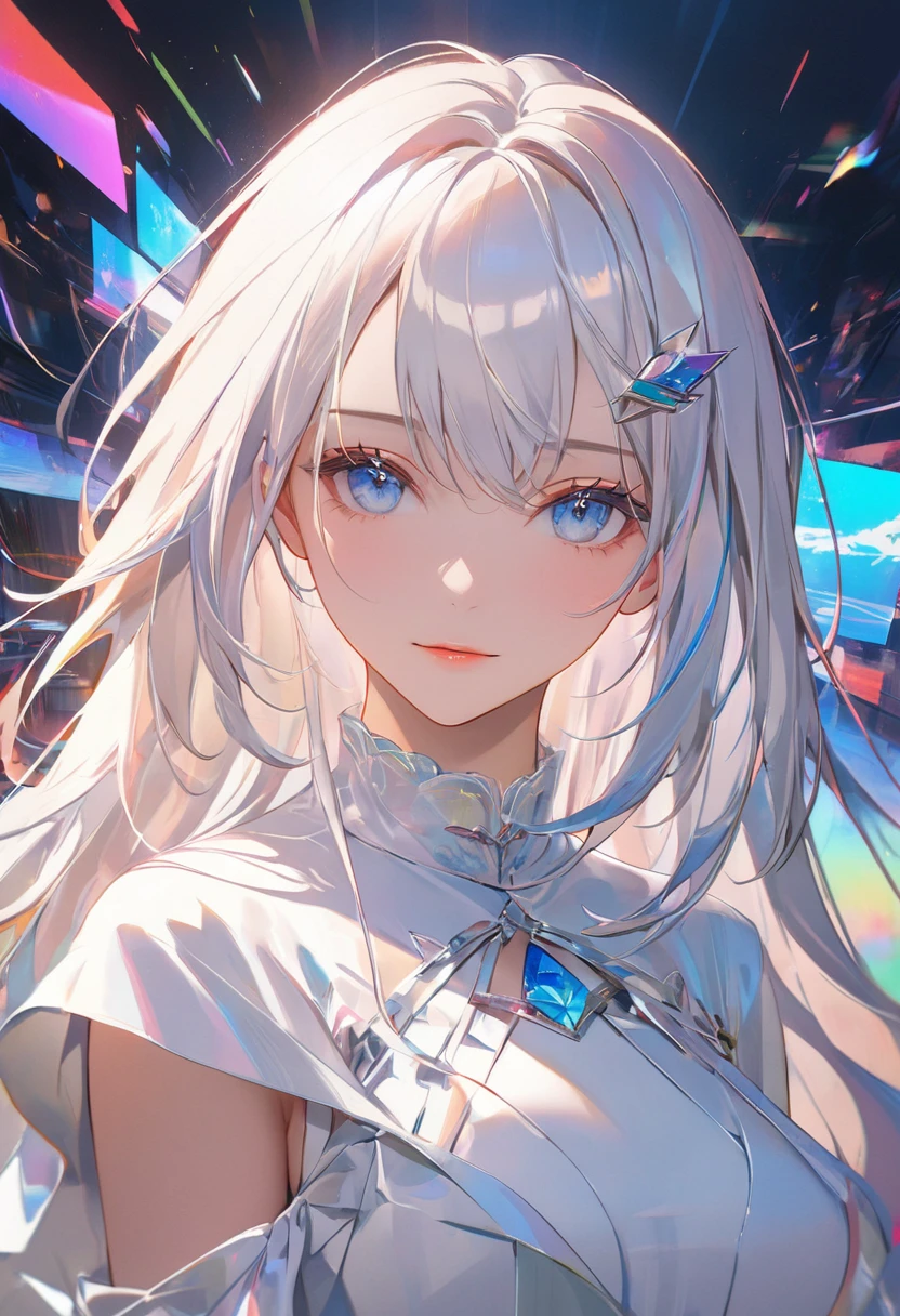 (Glitch Art;1.5),(Noise and particles),(Highest quality),(masterpiece),Delicately painted face,She had a beautiful face.,Beautiful and exquisite blue eyes,White fashion,((White costume)),(Beautiful silky white hair:1.2),Cinema Lighting,Abstract,Beautiful artistic illustration,Geometric background,Glitch lettering,A fantastic atmosphere