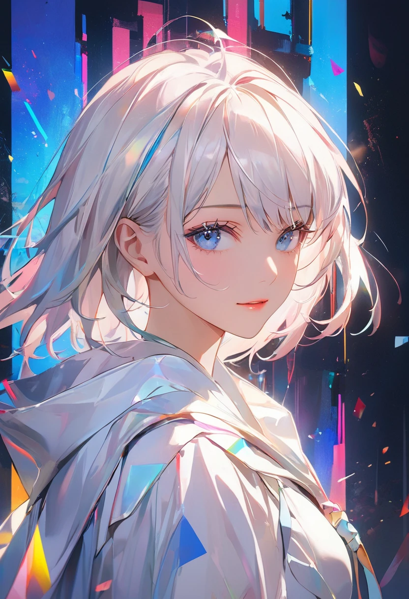 (Glitch Art;1.5),(Noise and particles),(Highest quality),(masterpiece),Delicately painted face,She had a beautiful face.,Beautiful and exquisite blue eyes,White fashion,((White costume)),(Beautiful silky white hair:1.2),Cinema Lighting,Abstract,Beautiful artistic illustration,Geometric background,Glitch lettering,A fantastic atmosphere