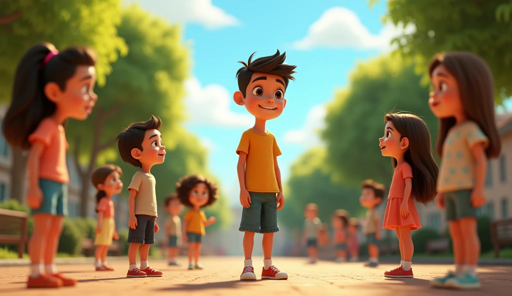 In 3d animation story"Rofiq is surrounded by his friends, who are surprised by his positive change. He is smiling confidently, explaining to them why he decided to be a better person. The background is a vibrant schoolyard, with children playing and trees swaying in the wind."m colors, by Greg Rutkowski, by Alphonse Mucha