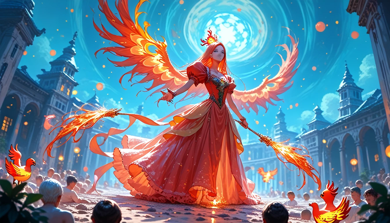 check_9, check_8_up,check_7_up, masterpiece, Best quality, Ideal Anatomy, very aesthetic, official art, 8 K,one girl, anime, fabulous, sexual, Dress Shimmers With Different Colors, sparkles, long hair, pfstyle, fire phoenix, Lies Nearby, Glows in the dark, darkness, Epic picture, bright colors, Zavarazivaet Vid, Phoenix Majestic, Fighting Evil, night, stars, The scale of the painting is enormous.., masterpiece, Best quality, maximum details, The dust rises,