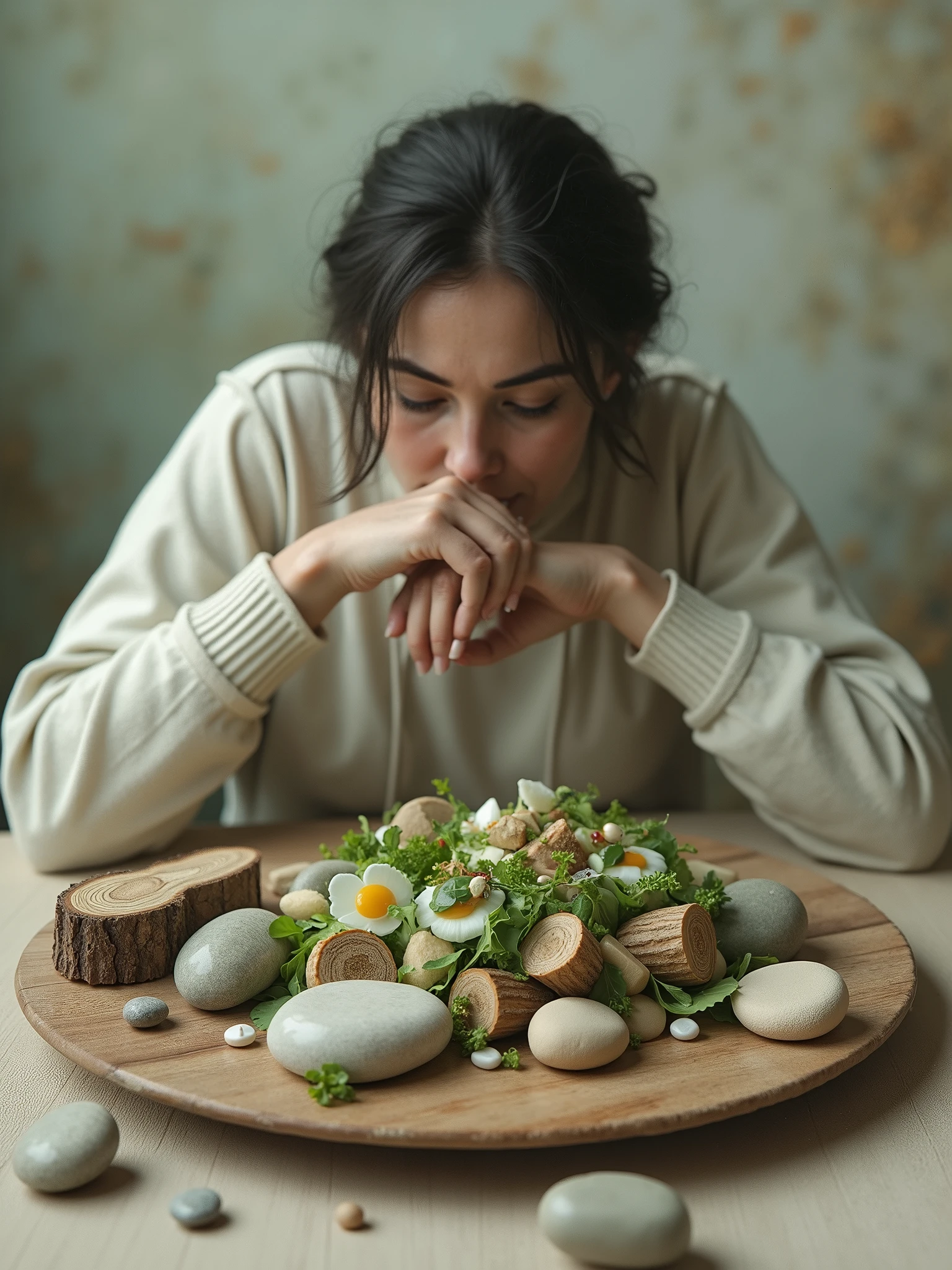a salad of stones and wood, Woman eating