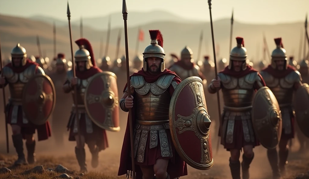 Create an ultra-realistic and dramatic depiction of the Roman forces attempting to subdue the rebellious Iceni tribe led. The scene is set on a battlefield, with Roman soldiers in detailed, authentic armor and weaponry, including gladius swords, pilum spears, yelping battle cries, and the iconic Roman shields. The Romans are depicted as aggressive and disciplined, advancing with formations and siege equipment.