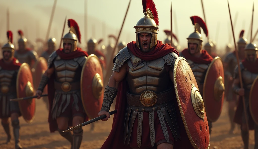 Create an ultra-realistic and dramatic depiction of the Roman forces attempting to subdue the rebellious Iceni tribe led. The scene is set on a battlefield, with Roman soldiers in detailed, authentic armor and weaponry, including gladius swords, pilum spears, yelping battle cries, and the iconic Roman shields. The Romans are depicted as aggressive and disciplined, advancing with formations and siege equipment.