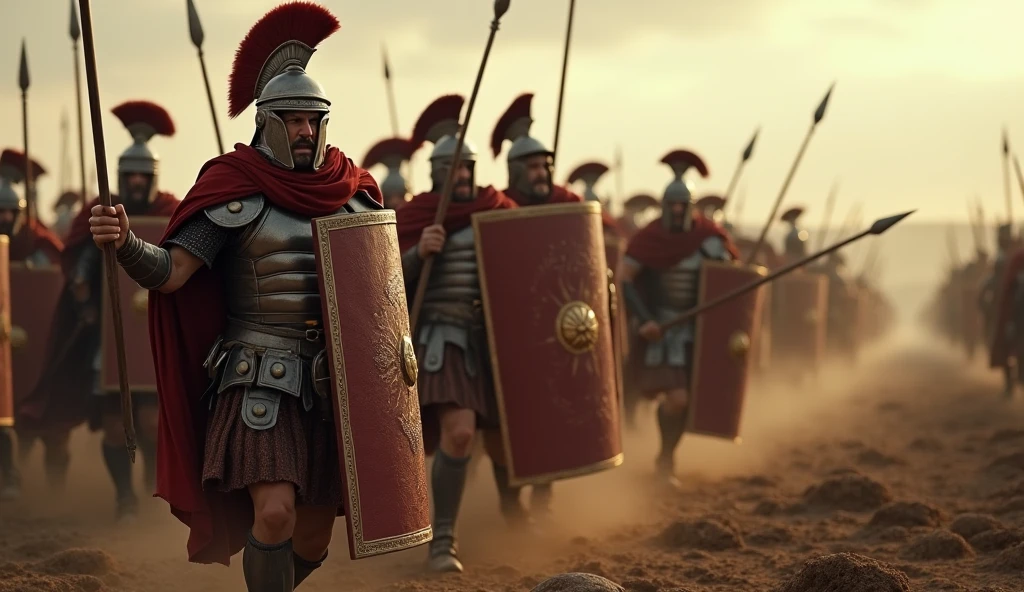 Create an ultra-realistic and dramatic depiction of the Roman forces attempting to subdue the rebellious Iceni tribe led. The scene is set on a battlefield, with Roman soldiers in detailed, authentic armor and weaponry, including gladius swords, pilum spears, yelping battle cries, and the iconic Roman shields. The Romans are depicted as aggressive and disciplined, advancing with formations and siege equipment.