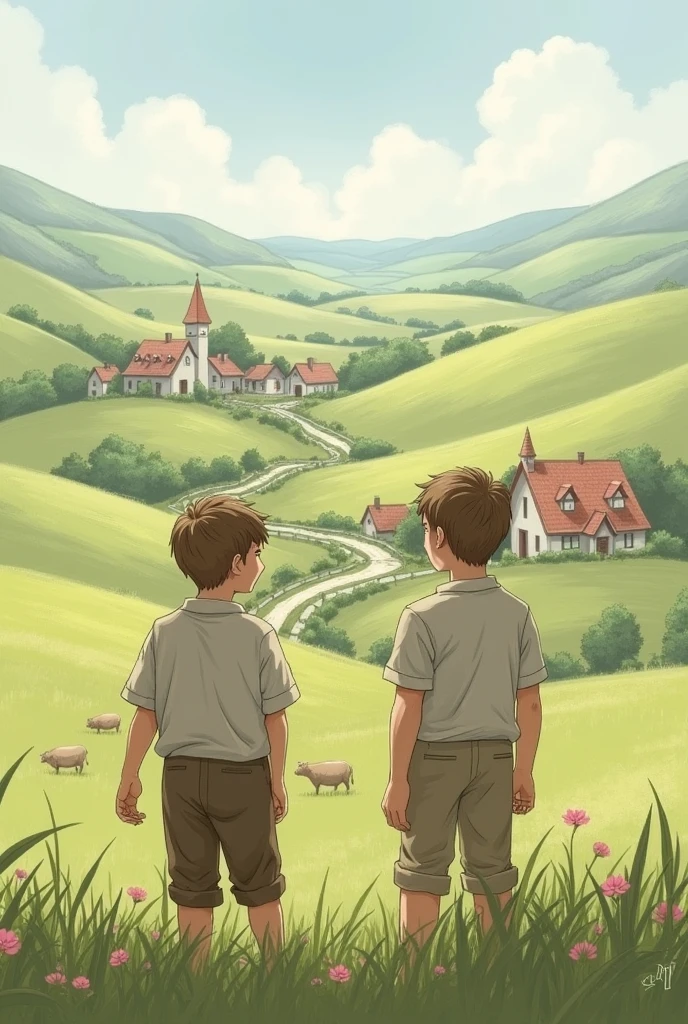 One boy and one、And two villages、There are two。 