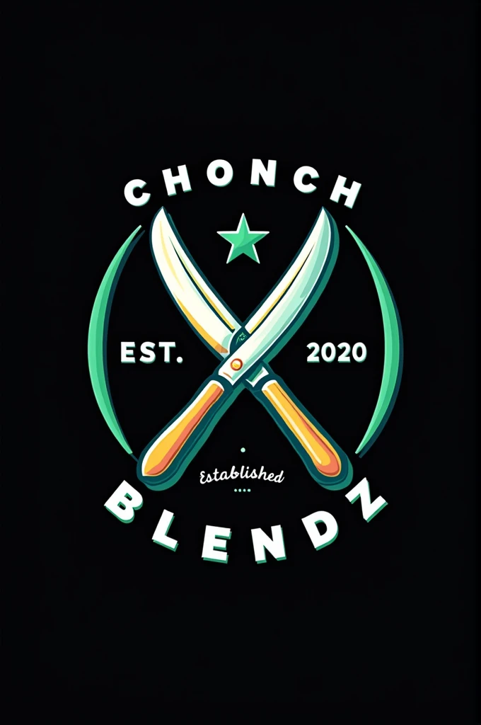 Create a flat vector, illustrative-style emblem logo design for a San Diego urban barber 'ChonchBlendz' established in 2020 , featuring barber poles , modern straight razors crossed in the center of the company name. Use bright green, blue, grey and white colors to convey trust, premium service and a luxury experience against a black background. English Writing established 2020