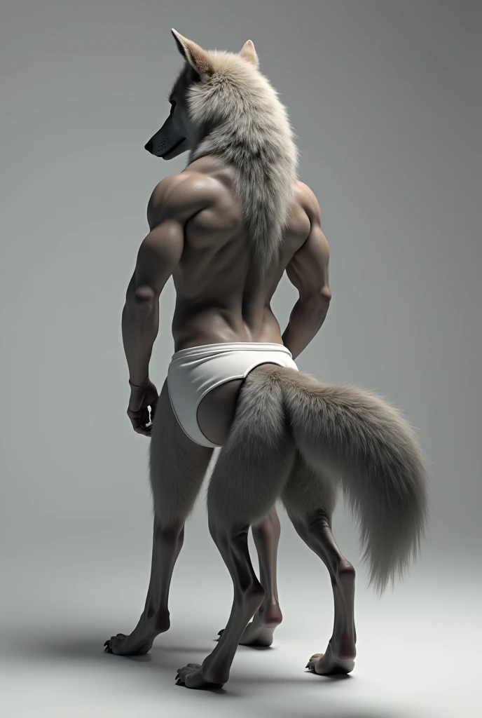 (photorealism:1.2), a muscle grey wolf whit a big and esthetic butt whit a short underwear and his buttcrack visible