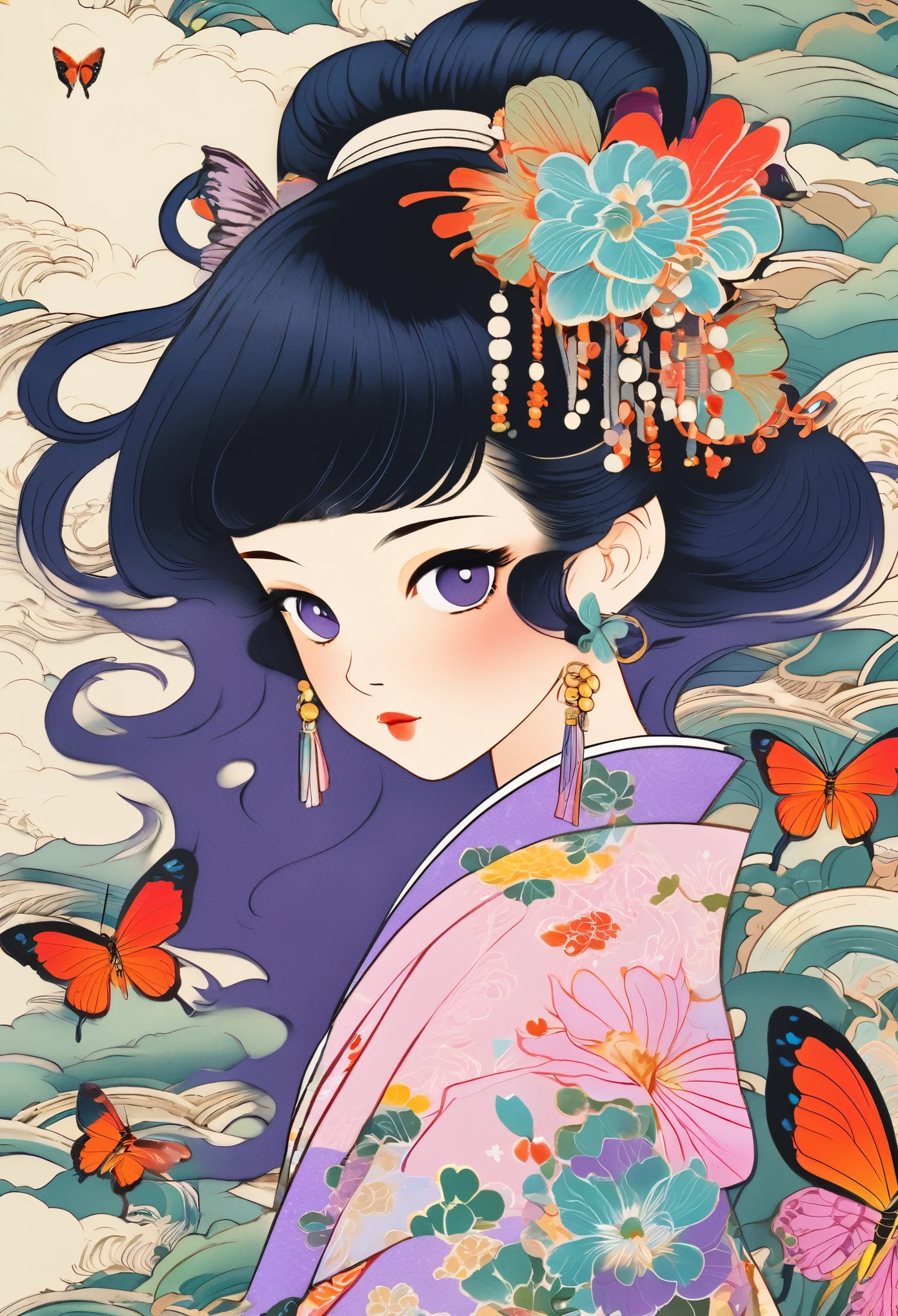 A mesmerizing surreal illustration of a young japanese woman resembling Shinobu Kouchou. She has black hair, purple eyes, a butterfly hair ornament, and wears a vibrant pastel colored outfit adorned with intricate floral patterns. Freckles dot her smooth, warm complexion, and bold, colorful tattoos cover her arms and legs. The tattoos feature traditional Japanese motifs like flowers and mythical creatures, rendered with meticulous detail in a pastel color palette. The background is a vintage floral-patterned wallpaper that complements the artwork's colors. The line work is precise, with delicate shading that gives the illustration a 3D quality. The artwork fuses modern illustration techniques with traditional Japanese aesthetics, resulting in a visually striking, portrait, Shinobu_Kocho, butterfly_hairpiece, multicolored_hair, purple_hair, black_hair, medium breasts, slender,
