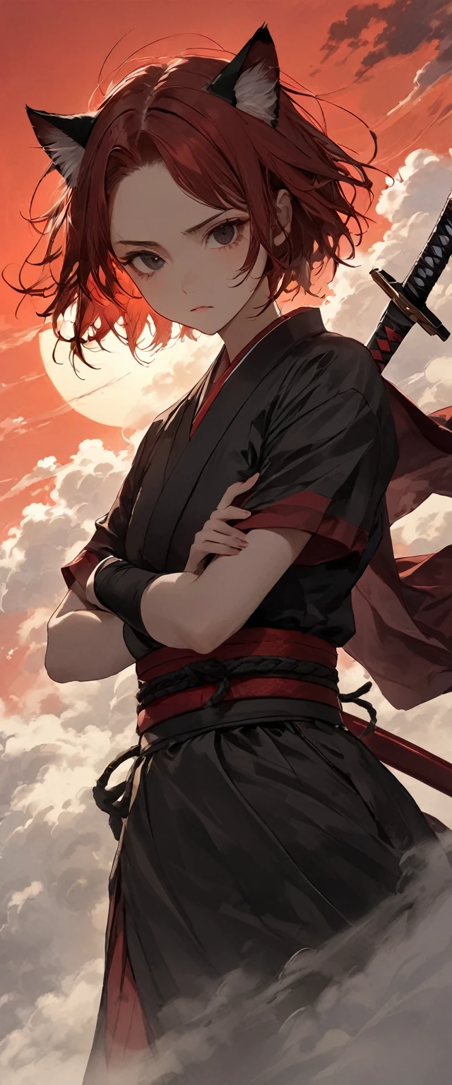 A woman in scarlet ronin clothing。Beautiful feet。Crouching。Arms crossed。Messy red short hair。((forehead))。Cat ear。Cat Eyes。 White Wilderness。A world of thick fog,。Dark Eyes。clothes are blowing in the wind。Serious expression。A sword is hanging from his waist.。Behind the woman is a cat monster。alone。Japan。black sun。Red Sky。Chiaroscuro,