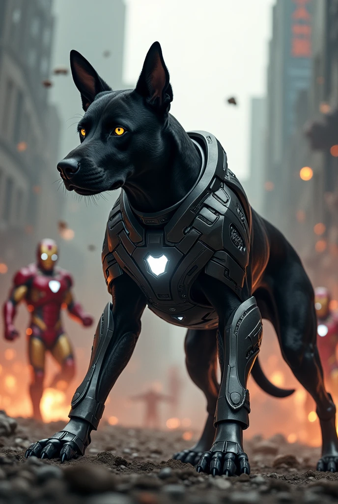 Create a black dog in iron man suit fight with villans