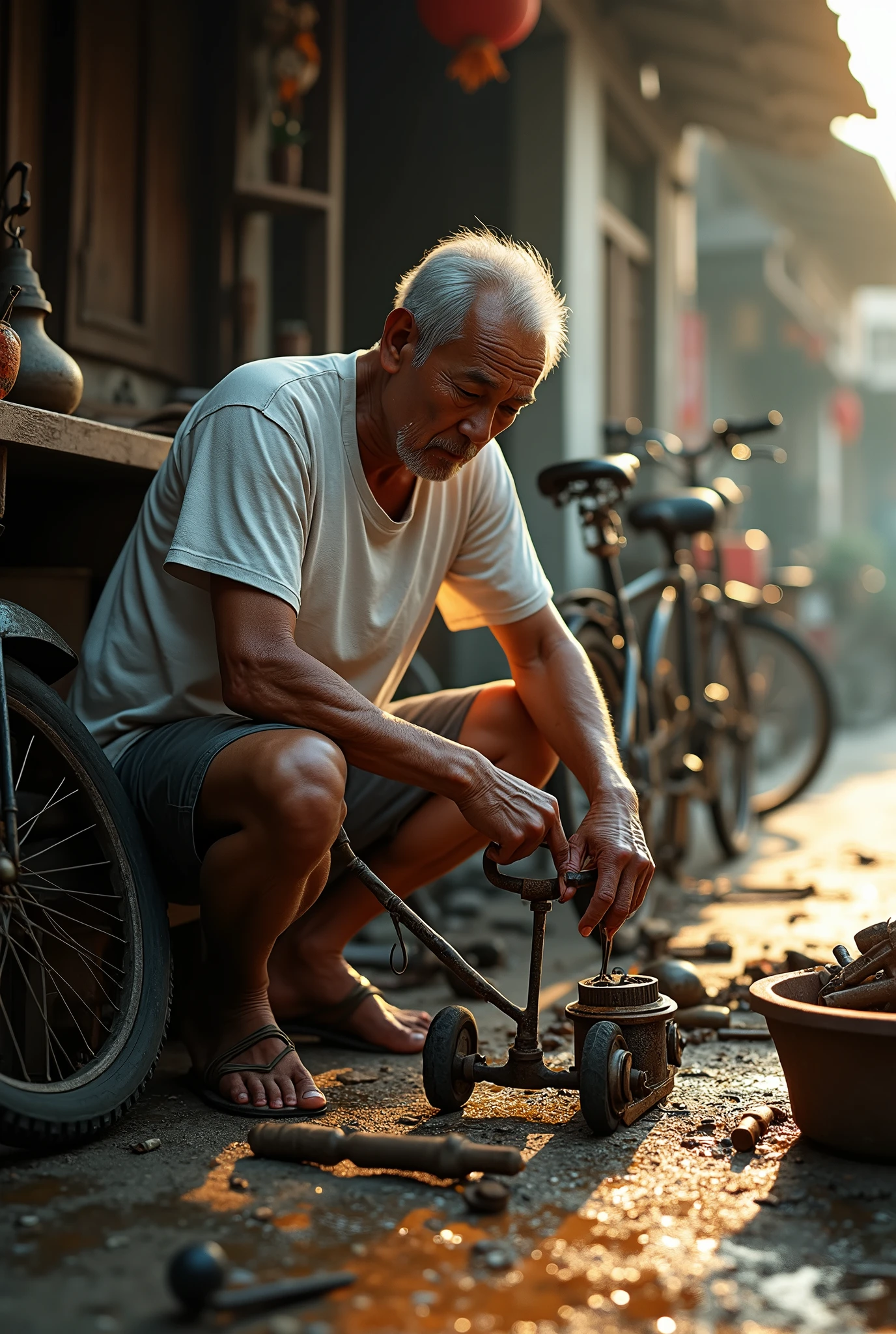 (Photorealism 1.2) high detailed definition cinematic cinematography  old Chinese man wearing white t-shirt short trousers repairing bicycle at old rusty wood outsideworkshop roadsidehand oily floor wet and oil bicycle part and repairing tools morning mode sunlight silhouette