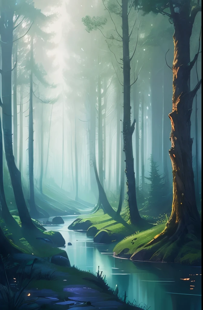 a picture taken from a distance of a forest with a stream running through it, a matte painting by Ken Danby, tumblr, fantasy art, lost in a dreamy fairy landscape, very magical and dreamy, magical forest in the background, in a magical forest, magic fairy forest, fairy forest, in the magical forest, magical forest, magical forest with fireflies