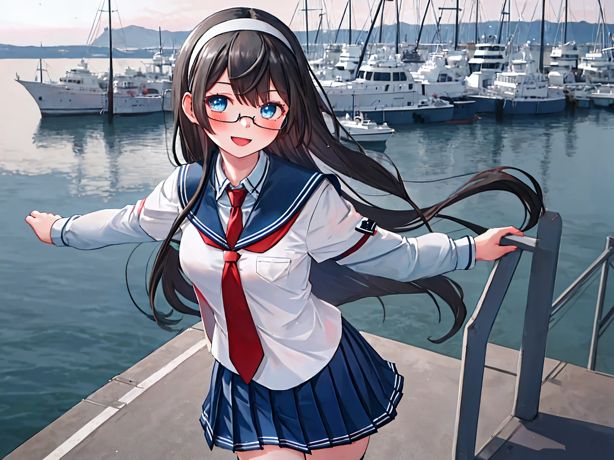 best quality, masterpiece, highres, solo, {ooyodo_kantaicollection:1.15}, black_hair, long_hair, glasses, hairband, semi-rimless_eyewear, under-rim_eyewear, blue_eyes, blush,small_breasts, 1girl, school_uniform, serafuku, pleats_skirt, necktie, harbor_town_background, red_necktie,(angry:0.7),smile,,thigh-highs,solo,open_mouth,dynamic_standing,open_arms,