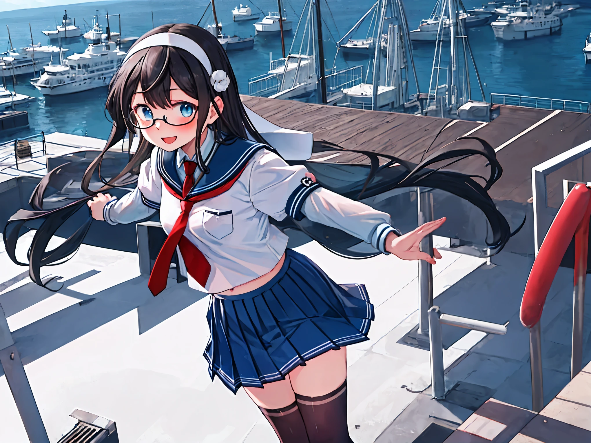 best quality, masterpiece, highres, solo, {ooyodo_kantaicollection:1.15}, black_hair, long_hair, glasses, hairband, semi-rimless_eyewear, under-rim_eyewear, blue_eyes, blush,small_breasts, 1girl, school_uniform, serafuku, pleats_skirt, necktie, harbor_town_background, red_necktie,(angry:0.7),smile,,thigh-highs,solo,open_mouth,dynamic_standing,open_arms,