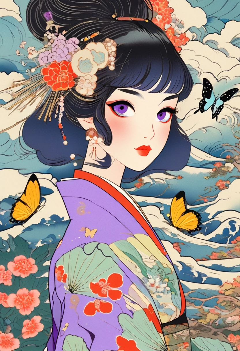 A mesmerizing surreal illustration of a young japanese woman resembling Shinobu Kouchou. She has black hair, purple eyes, a butterfly hair ornament, and wears a vibrant pastel colored outfit adorned with intricate floral patterns. Freckles dot her smooth, warm complexion, and bold, colorful tattoos cover her arms and legs. The tattoos feature traditional Japanese motifs like flowers and mythical creatures, rendered with meticulous detail in a pastel color palette. The background is a vintage floral-patterned wallpaper that complements the artwork's colors. The line work is precise, with delicate shading that gives the illustration a 3D quality. The artwork fuses modern illustration techniques with traditional Japanese aesthetics, resulting in a visually striking, portrait, Shinobu_Kocho, butterfly_hairpiece, multicolored_hair, purple_hair, black_hair, medium breasts, slender,
