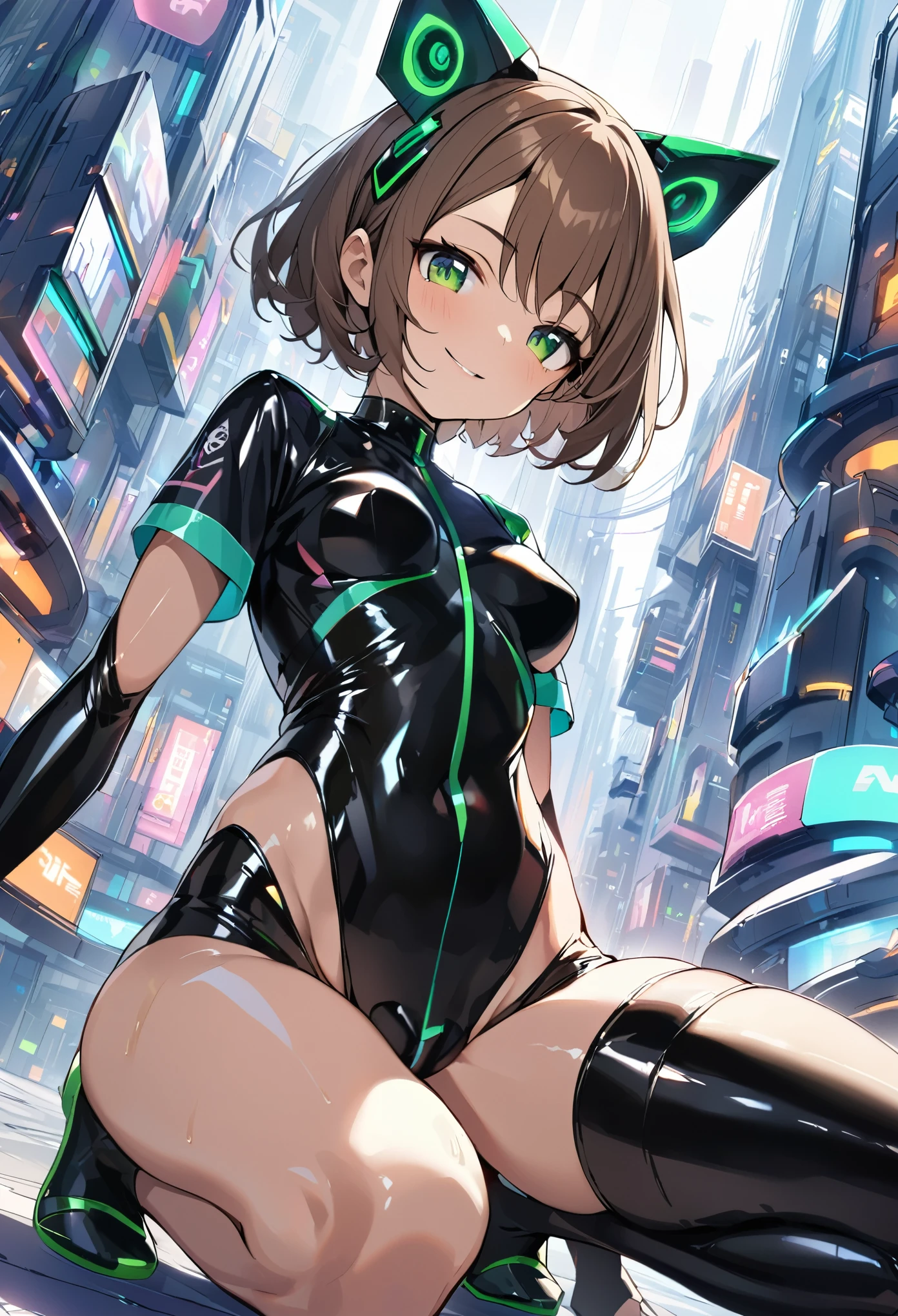 1teen_girl, kneeling with one hands on the ground solo, short hair, brown hair, short sleeves, (latex_bodysuit), robot ears, green eyes, short sleeves, short over long sleeves, bare_thighs,smile, in futuristic city, , high quality, medium_breasts,crotch, slouch,groin,dynamic_angle,open_legs,