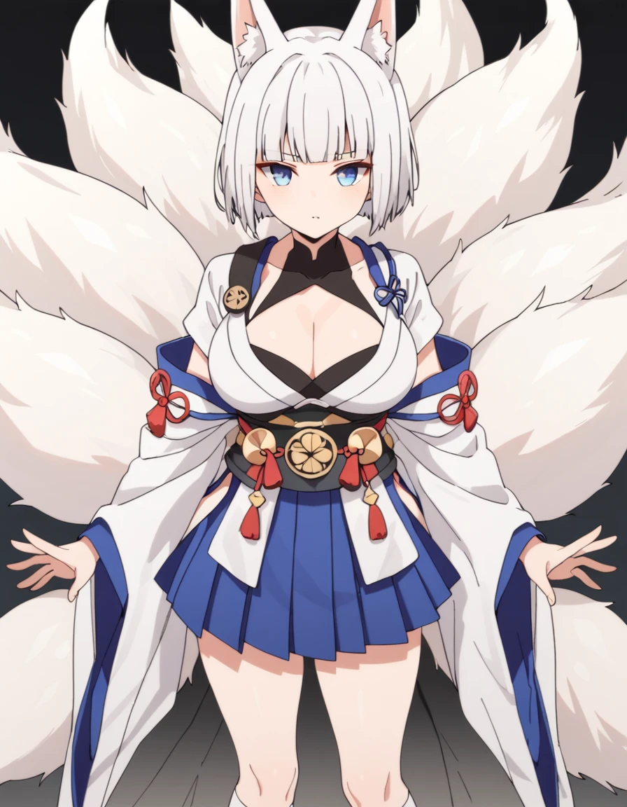 1 girl, Kaga \(azur lane\), fox girl, blue eyes, white hair, short hair, blunt bangs, white fox ears, white fox tail, multiple tails, large breasts, white kimono, open kimono, cleavage cutout, wide sleeves, long sleeves, sash, sakuramon, armor, hakama short skirt, blue skirt, pleated skirt, white knee socks, standing above viewers face, POV, up skirt