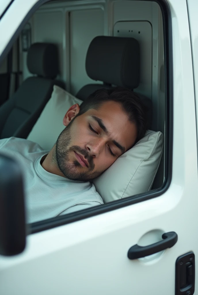 Un homme blanc avec des cheveux tres court ,qui dort dans un vehicule blanc un dacia pick-up