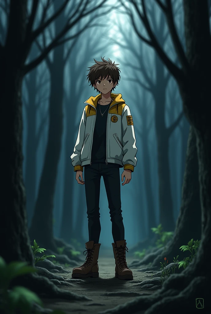The image is in adult anime style cowboy bebop or Darker than black style with shadows and dim lights, anime style although somewhat adult and dark, It shows a 20-year-old boy, She has short, uneven wavy brown hair, He wears a white jacket with yellow details, wear boots. He has brown eyes. It&#39;s in a dark forest. . He is standing in the middle of the forest. He seems determined.
