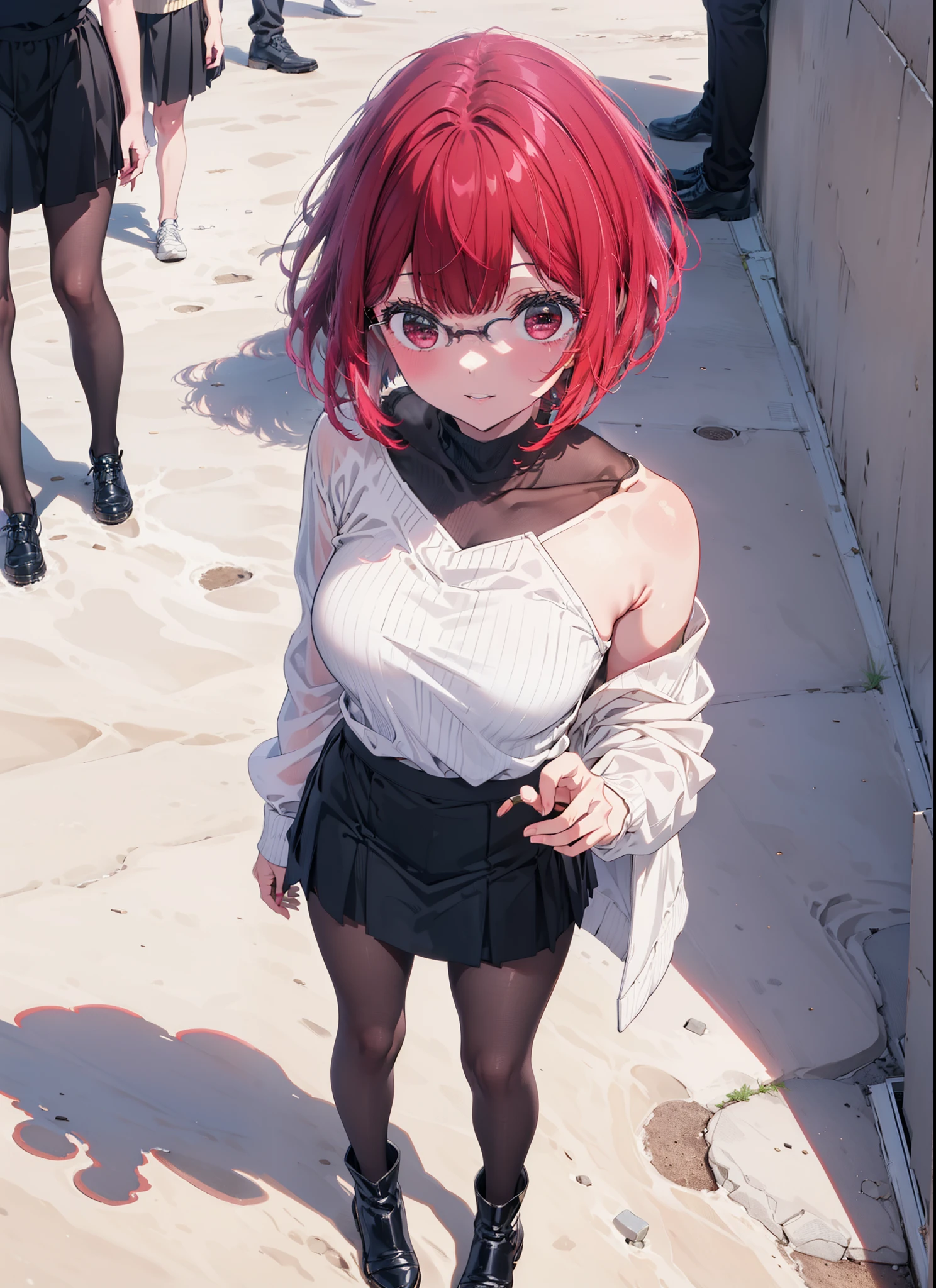 canary, Arima etc., short hair, bangs, (Red eyes:1.3), Redhead, Bobcut, smile,Open your mouth,One-shoulder sweater,mini skirt,Black pantyhose,short boots,Glasses,Walking,Daytime,Clear skies,whole bodyがイラストに入るように,
break outdoors,School courtyard,
break looking at viewer, whole body,
break (masterpiece:1.2), Highest quality, High resolution, unity 8k wallpaper, (figure:0.8), (Beautiful attention to detail:1.6), Highly detailed face, Perfect lighting, Highly detailed CG, (Perfect hands, Perfect Anatomy),